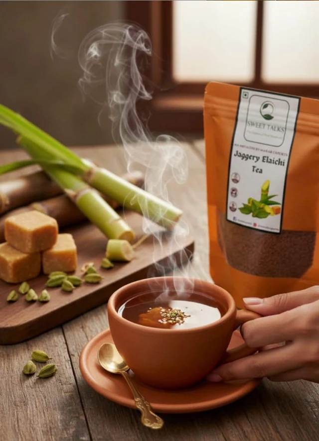 A steaming terracotta cup of Sweet Talks Jaggery Elaichi Tea beside the pouch, with sugarcane, jaggery cubes and green cardamom pods.