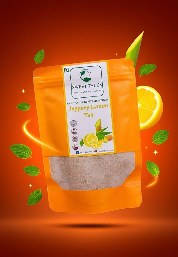 Sweet Talks Jaggery Lemon Tea in an orange stand-up pouch, surrounded by mint leaves and lemon slices.